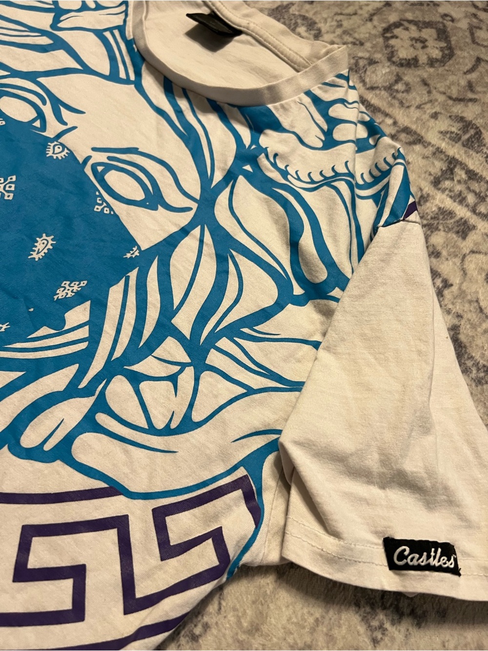 Crooks & Castles White Tee with Bright Turquoise Graphic - Picture 3 of 4